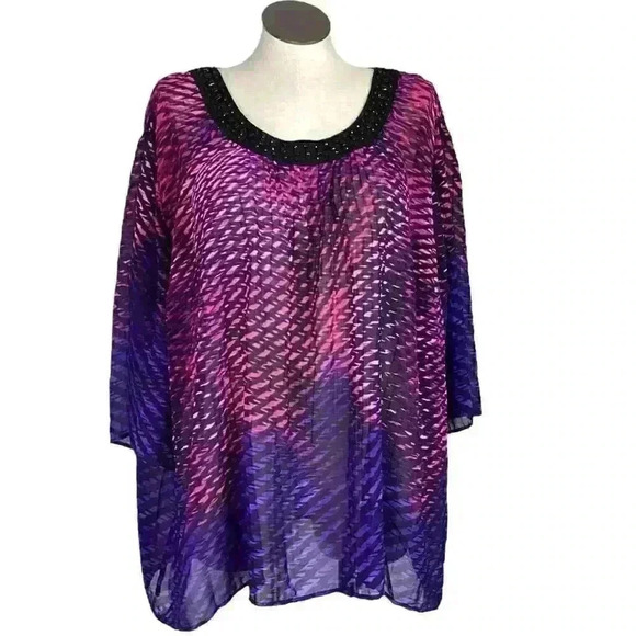 Catherines Women 3X Semi Sheer Beaded Tunic Top Multicolor 3/4 Flare Sleeves - Picture 1 of 5